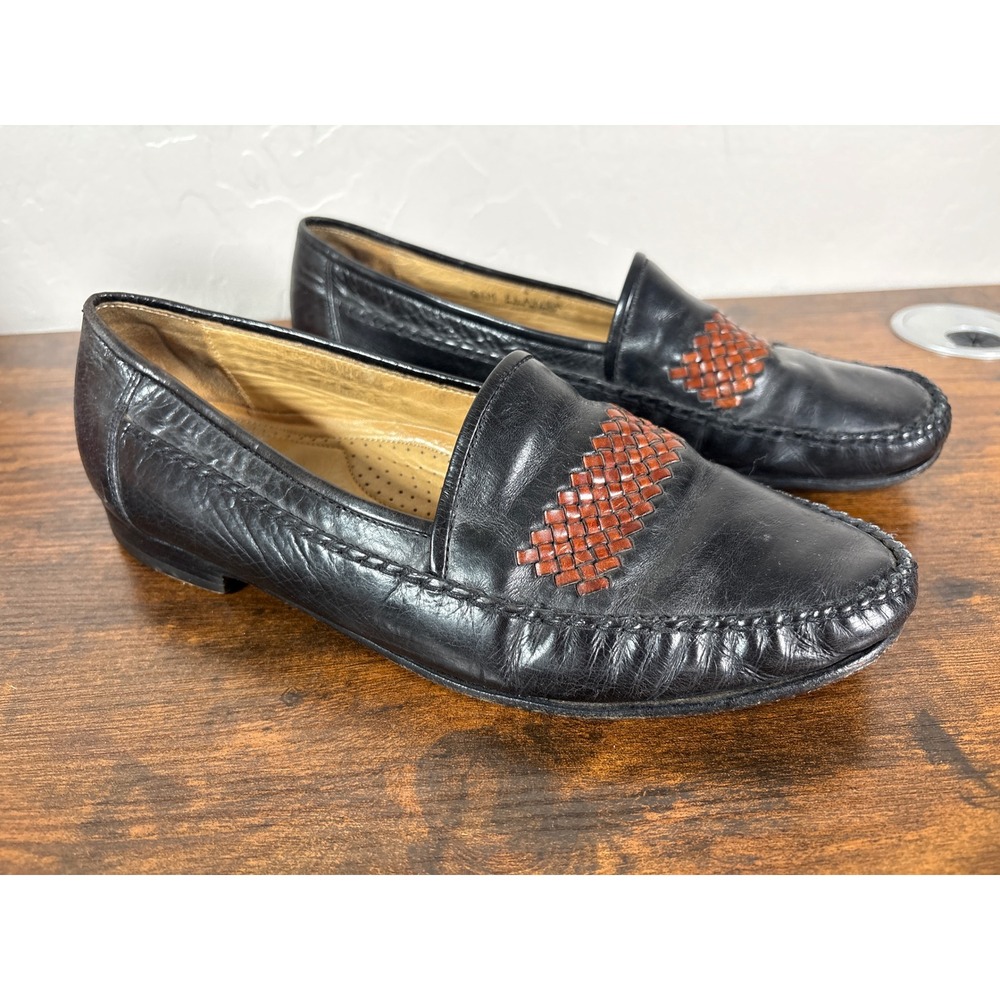Bally Mens Black Leather Woven Accent Loafers Slip On Dress Shoes Size 9.5 D